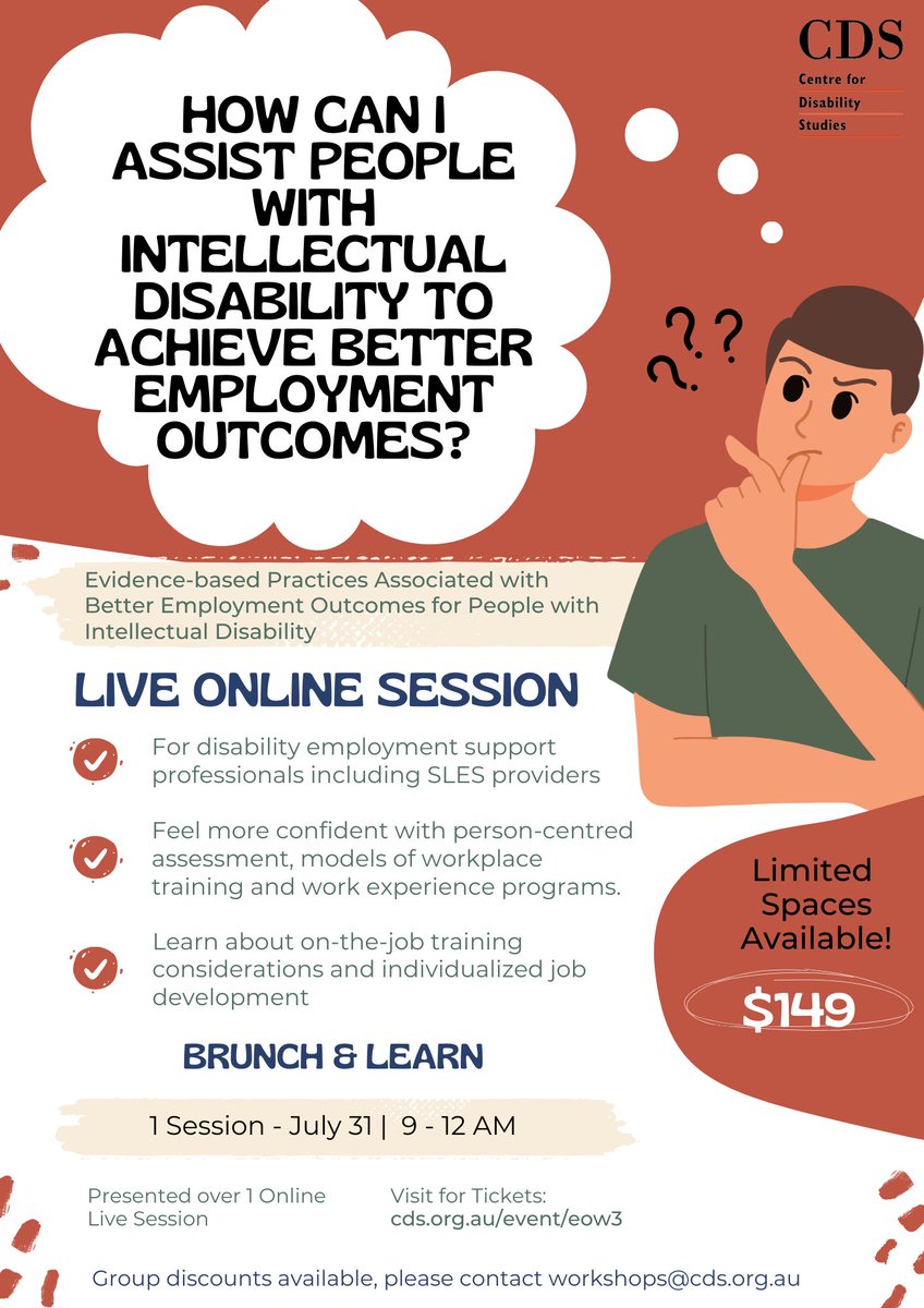 Are you a disability employment support professional?   

Interested in learning how to support people with intellectual disability achieve better employment options?  Join our latest workshop!    

Live online session | Jul 31, 9 - 12     

Tix: cds.org.au/event/eow3/