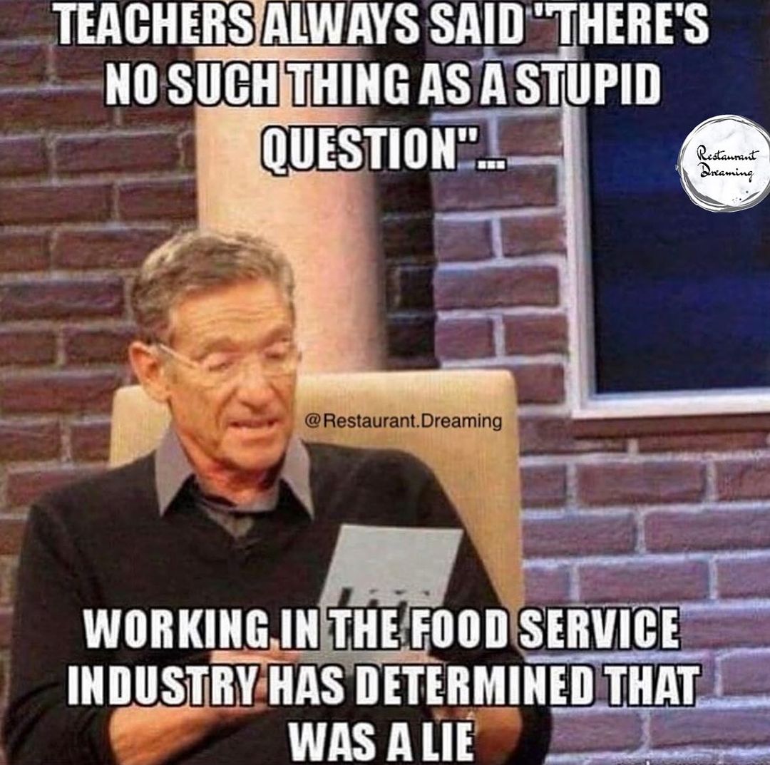 kitchencrewclub's tweet photo. "No Stupid Questions" 👨🏻🍳 Kitchen Crew Club🍴 Awesome & Funny 🤣 Restaurant Industry T-Shirts 🔗 https://t.co/Jjh8tps6qK #kitchencrewclub #linecook #linecooks #chef #chefs #chefslife #restaurantlife #restaurantworkers #fastfoodworkers #kitchenconfidential https://t.co/P73ija7DQG