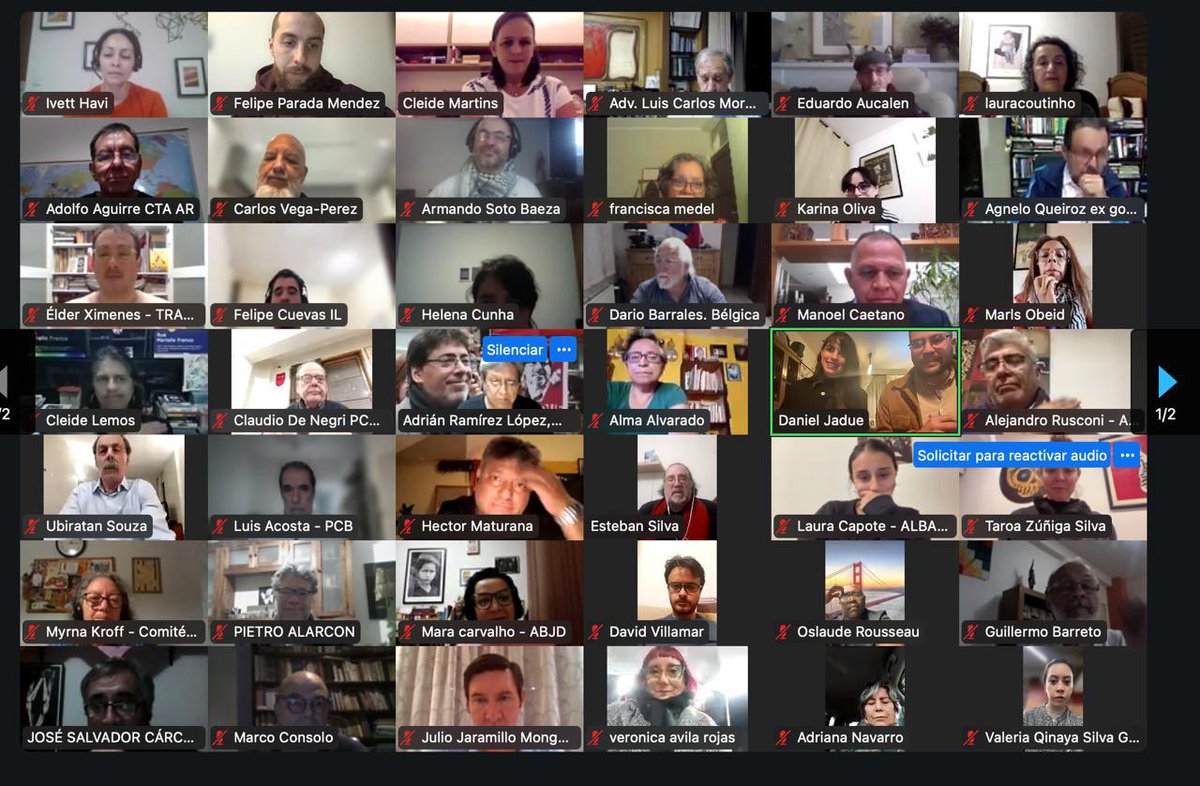 JadueLibre's tweet photo. Con más de 100 líderes de todo el mundo, ex Ministros, Jueces y referentes de las causas justas, sostuvimos hoy el primer encuentro del comité internacional de solidaridad y defensa por la libertad de Daniel Jadue. 
 Súmate, levanta tu comité, ¡ACTÚA! #JadueLibre ✌🏼 https://t.co/pUXYRYUgUM