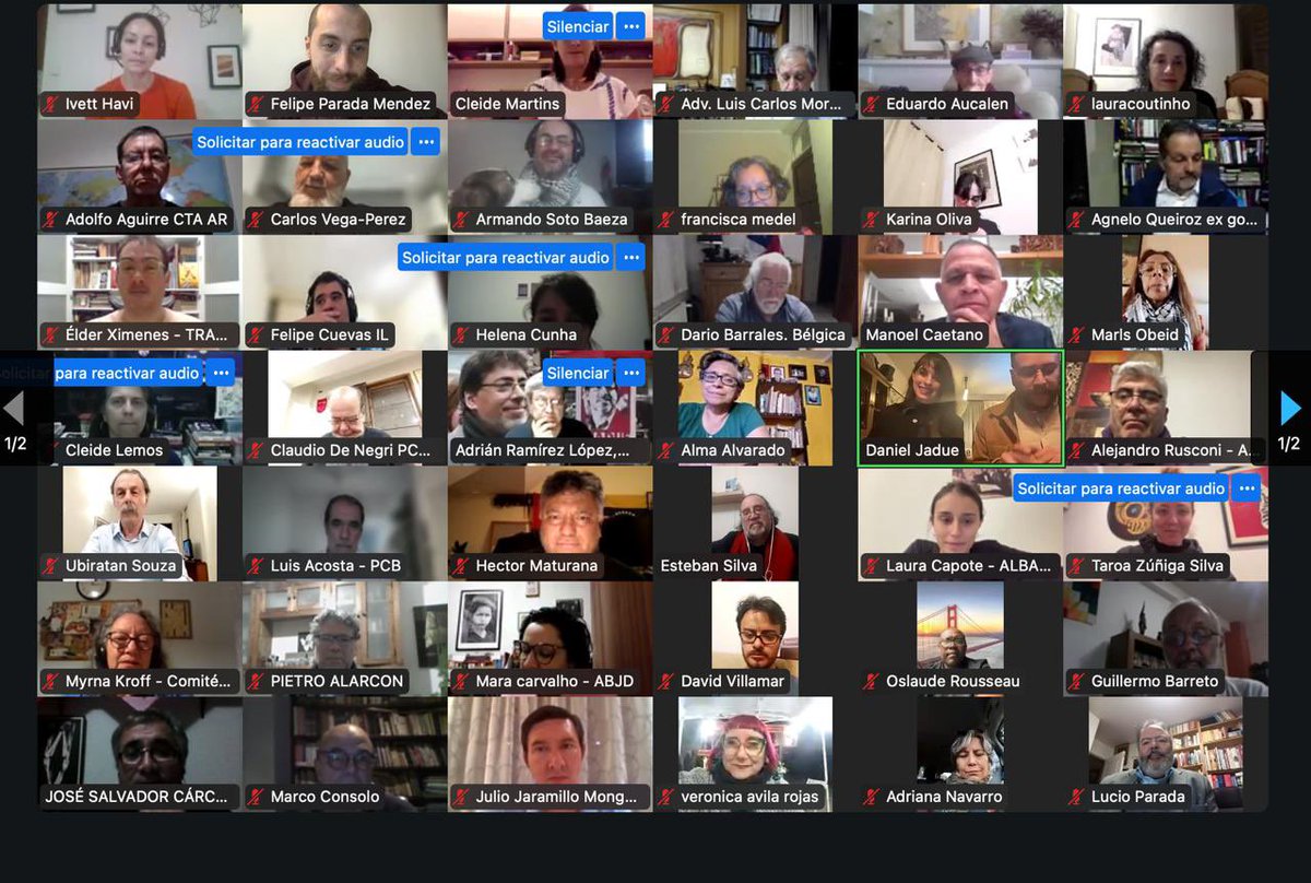 JadueLibre's tweet photo. Con más de 100 líderes de todo el mundo, ex Ministros, Jueces y referentes de las causas justas, sostuvimos hoy el primer encuentro del comité internacional de solidaridad y defensa por la libertad de Daniel Jadue. 
 Súmate, levanta tu comité, ¡ACTÚA! #JadueLibre ✌🏼 https://t.co/pUXYRYUgUM