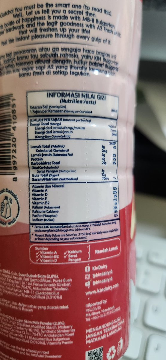 Ketipu sama gimmick SLIM
KIN Yogurt
Komposisi baru kebaca kalau di zoom pake hp camera macro
200ml dengan gula 22gr