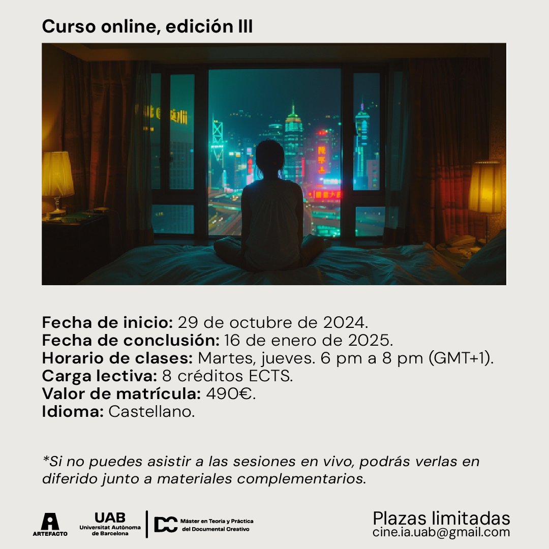 ¿Te interesa la relación entre el cine, los algoritmos y la inteligencia artificial? 

ABRIMOS INSCRIPCIONES para la tercera versión del curso ONLINE: Cine, algoritmos e inteligencia artificial. <a href="/UABmasterdoc/">MasterDocumental_UAB</a> 
 
¡Participa en el diálogo y experimenta!
Info cine.ia.uab@gmail.com