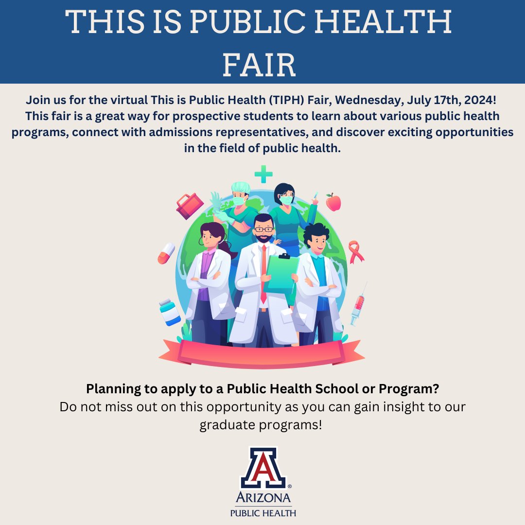 UAZPublicHealth's tweet image. Are you passionate about public health? Ready to earn your MPH?

Join us for the virtual TIPH Fair on Wednesday, July 17th, 2024! This is your chance to explore diverse public health programs and connect with admissions advisors. #MPH #TIPH

Register here: bit.ly/3xVZ2Pj