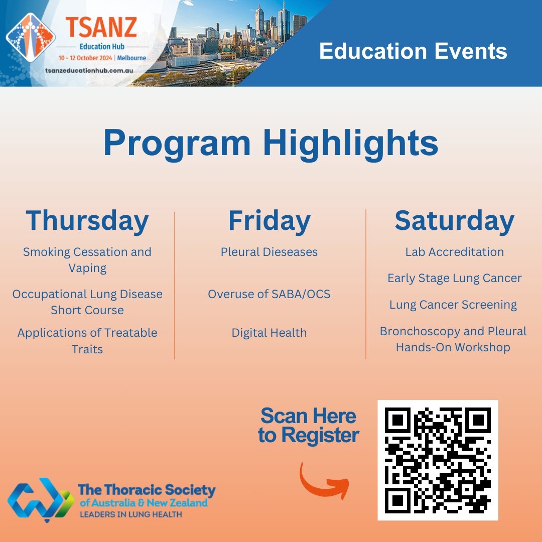 Join us for the TSANZ Education Hub in Melbourne from the 10 to 12 October, 2024. The Education Hub is a conference that consists of a carefully curated program that aims to educate and foster collaboration and dialogue that can lead to tangible improvements in lung health.