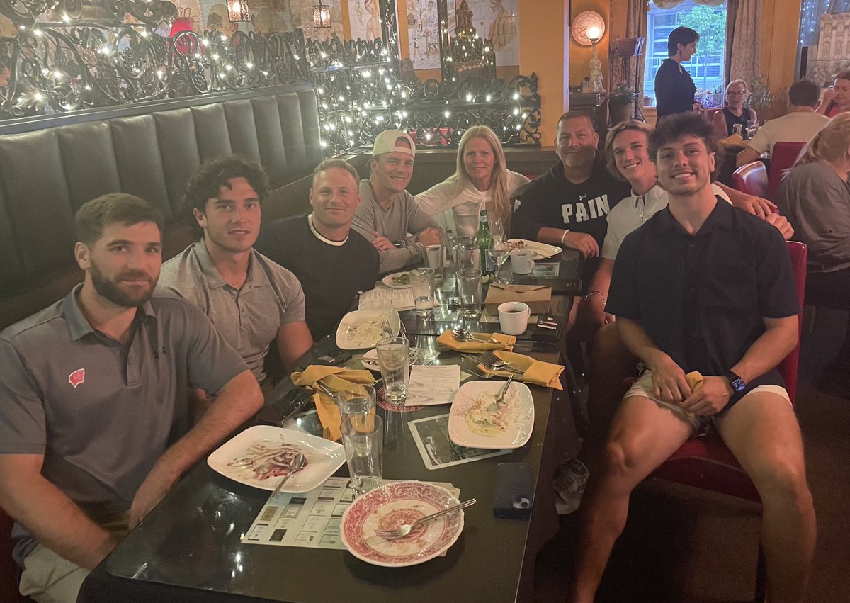 CoachPhilLongo's tweet photo. 🟥⬜️ QB dinner before we kick-off camp. Great company, even greater character!!! 2024. Can’t wait!!! #WisconsinFootball #BadgerNation #DontBlink #LFEra https://t.co/84YhZXQjld