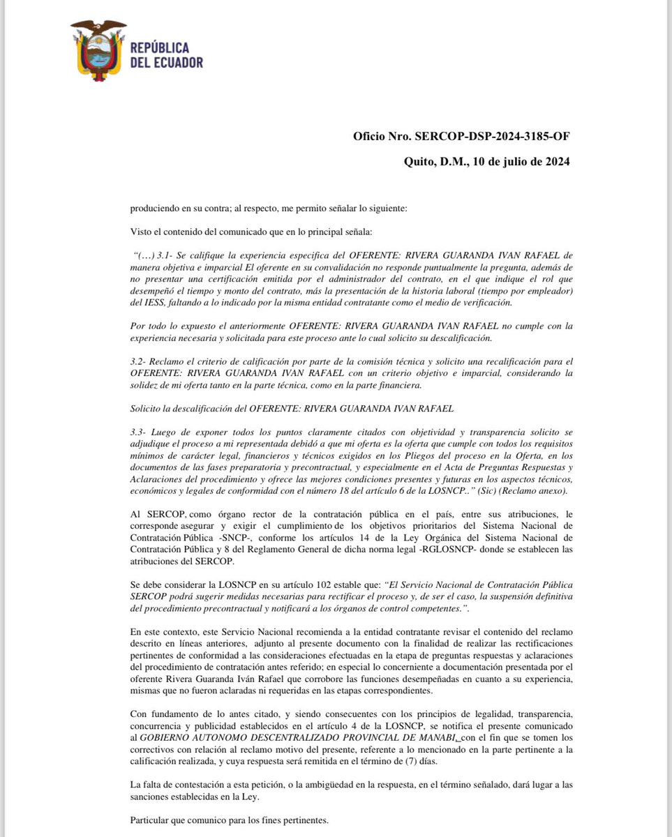 JaimeMorenoEC's tweet photo. 🚨#URGENTE 

A través de información oficial que llegó hasta mi despacho pude conocer que, la obra de “Limpieza, desazolve, reconformación de taludes y protección de muros del río Chone, desde el Puente El Bejuco hasta el Puente El Olimpo”puede retomar su proceso. 

Luego de aproximadamente dos meses de paralización, el @SERCOPec ha emitido un pronunciamiento, en el cual expresa ⤵️

“Con fundamento de lo antes citado, y siendo consecuentes con los principios de legalidad, transparencia, concurrencia y publicidad establecidos en el artículo 4 de la LOSNCP, se notifica el presente comunicado al GOBIERNO AUTONOMO DESCENTRALIZADO PROVINCIAL DE MANABÍ, con el fin que se tomen los correctivos con relación al reclamo motivo del presente, referente a lo mencionado en la parte pertinente a la calificación realizada, y cuya respuesta será remitida en el término de (7) días.”.

Comprometido con mi pueblo manabita, realizaré el seguimiento correspondiente a esta obra, para así, mantener seguros a los ciudadanos y anticipar cualquier desastre natural.