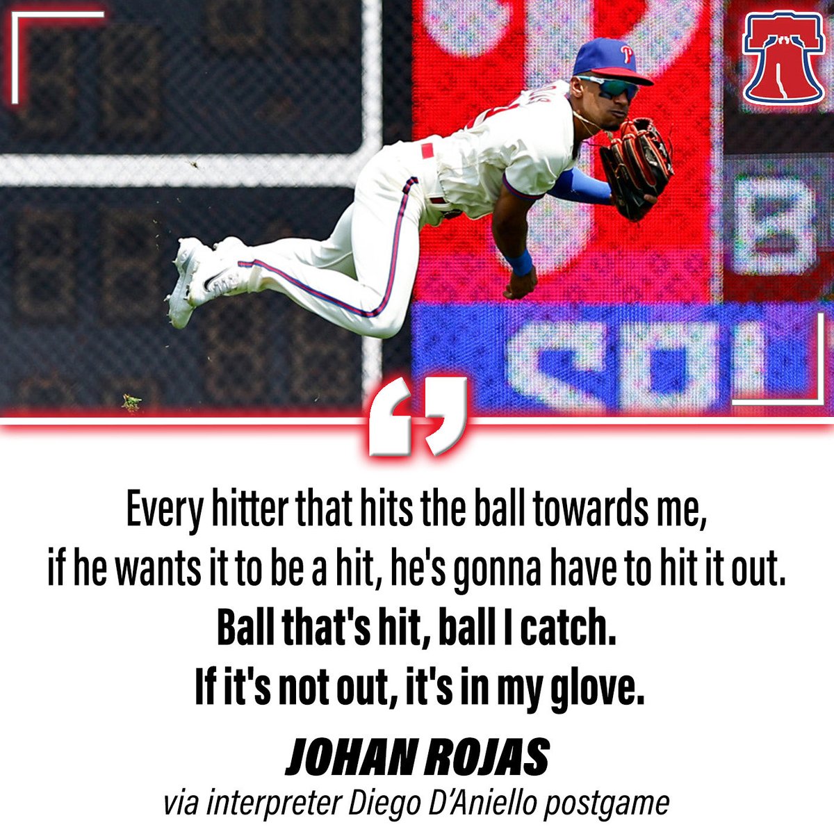 PhilliesNation's tweet photo. Following his incredible catch, Johan Rojas spoke to the media about his mentality in the outfield.

➡️https://t.co/7NSKBOOXNm https://t.co/51MJzMPT73