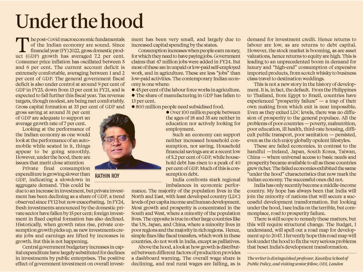 My latest article in the Business standard. I analyse “under the hood” worrying trends  in the Indian economy underlying sound short term macroeconomic outcomes. 

business-standard.com/amp/opinion/co…