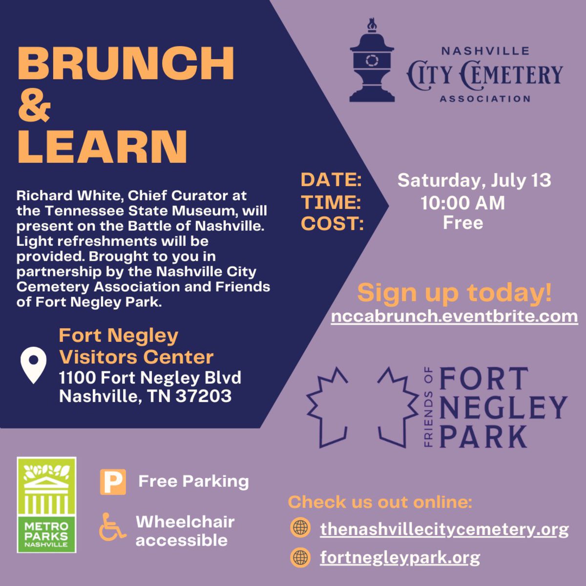 Friends of Fort Negley (@negleyfriends) on Twitter photo Join <a href="/FortNegley/">Fort Negley Park, a UNESCO Site of Memory</a> for Second Saturday Brunch & Learn! Chief Curator of the TN State Museum, Richard White, will detail the dramatic events of the most decisive battles of the war this Saturday, July 13 at 10 - 11am CDT. Reserve tickets: bit.ly/3zGmyAw Join <a href="/FortNegley/">Fort Negley Park, a UNESCO Site of Memory</a> for Second Saturday Brunch & Learn! Chief Curator of the TN State Museum, Richard White, will detail the dramatic events of the most decisive battles of the war this Saturday, July 13 at 10 - 11am CDT. Reserve tickets: bit.ly/3zGmyAw