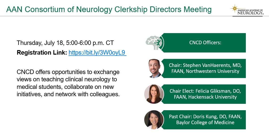 lucypersaud's tweet photo. @AANMember Consortium of #Neurology Clerkship Directors Meeting
Thursday, July 18, 2024, 5:00 p.m. – 6:00 p.m. CT
Reg Link: https://t.co/iWuLgC4lk1
CNCD Officers: @vanhaerents, Chair; @FeliciaGliksman, Chair Elect; @DorisKung3, Past Chair https://t.co/fI6f31rbkg