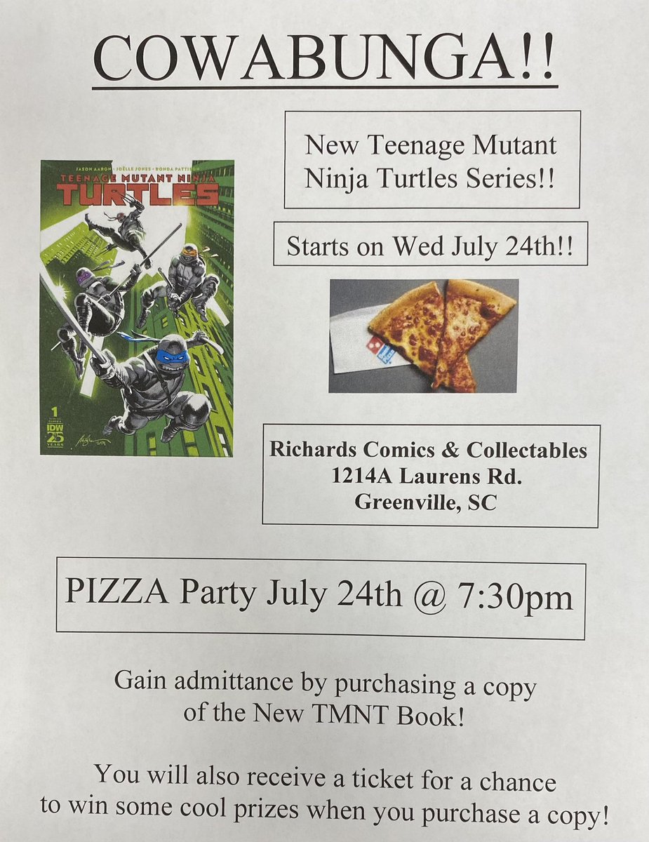 richardscomics's tweet photo. Teenage Mutant Ninja Turtles Pizza Party! New series is released on Wed July 24. After store closes I will reopen at 7:30pm for the event. Entry is just a purchase of the New book. You may even win a cool prize (signed book by Kevin Eastman) https://t.co/k1LXB7Xs67