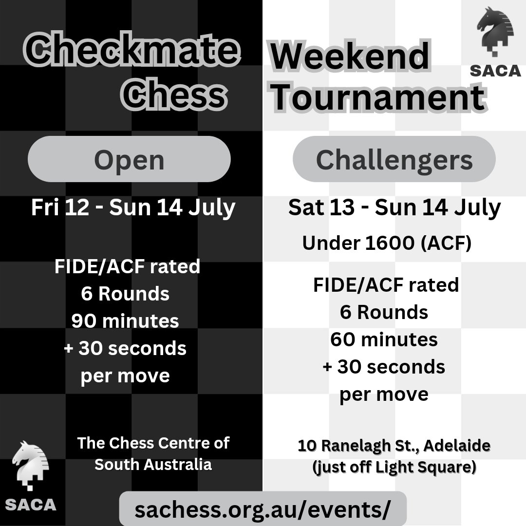 Follow the action from our Checkmate Open over the weekend online via our Lichess broadcast. The broadcast starts at 7:15pm tonight.
The top 6 boards of the Open will be played on DGT boards.
#chess #chesspunks #sachess #auschess #adelaide 
lichess.org/broadcast/2024…