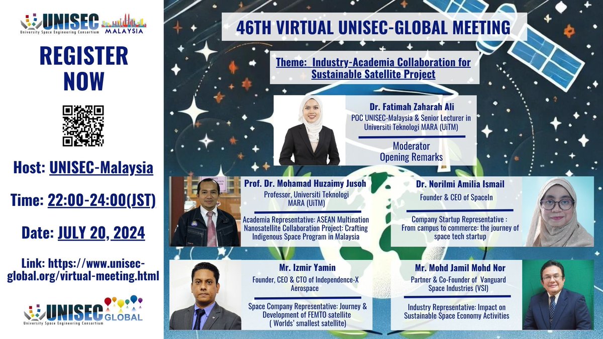 🌟Join us for the 46th Virtual UNISEC-Global Meeting!🌟

Theme: Industry-Academia Collaboration for Sustainable Satellite Project

🗓 Date: July 20, 2024
🕒 Time: 22:00 - 24:00 (JST)
📍 Host: UNISEC-Malaysia

Register here: unisec-global.org/virtual-meetin…