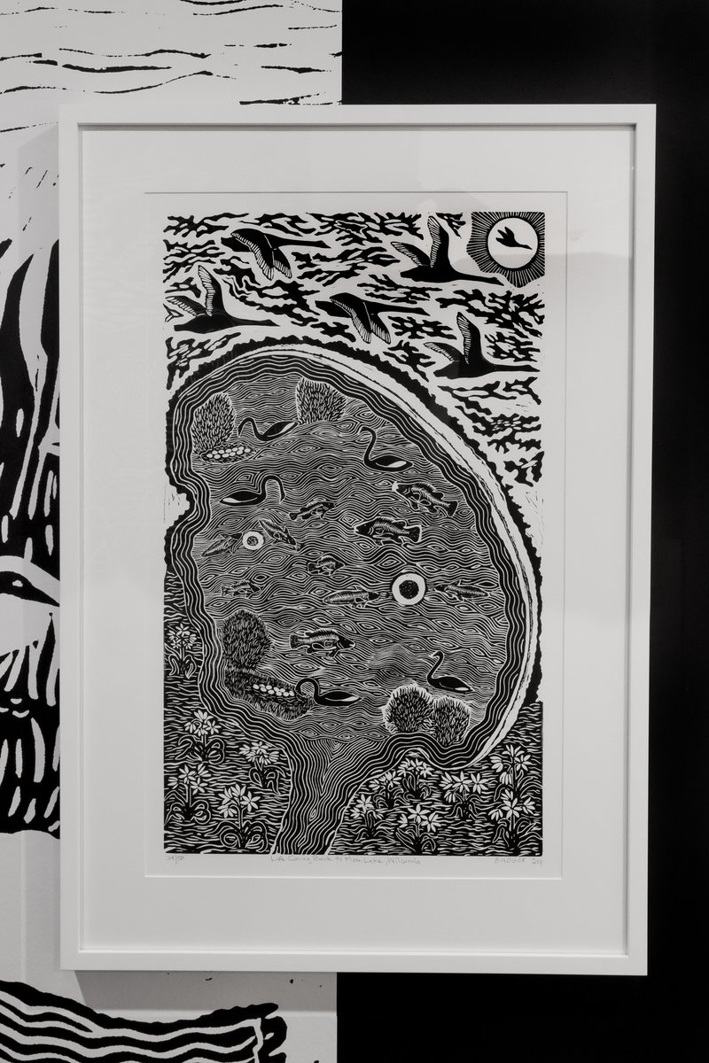 COLLECTION SPOTLIGHT:
Uncle Badger Bates' mural for the UTS Faculty of Science features 4 distinct artworks, each with their own story. This is the story of 'Life Coming Back to Moon Lake, Wilcannia'. Visit the mural in the Level 4 foyer of the UTS Faculty of Science Building.