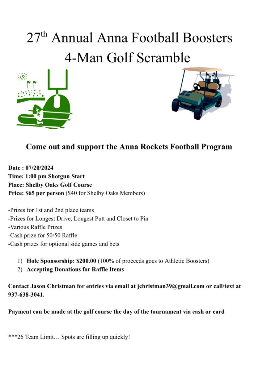 Still a few spots available in next Saturday’s Anna Football Golf Outing!