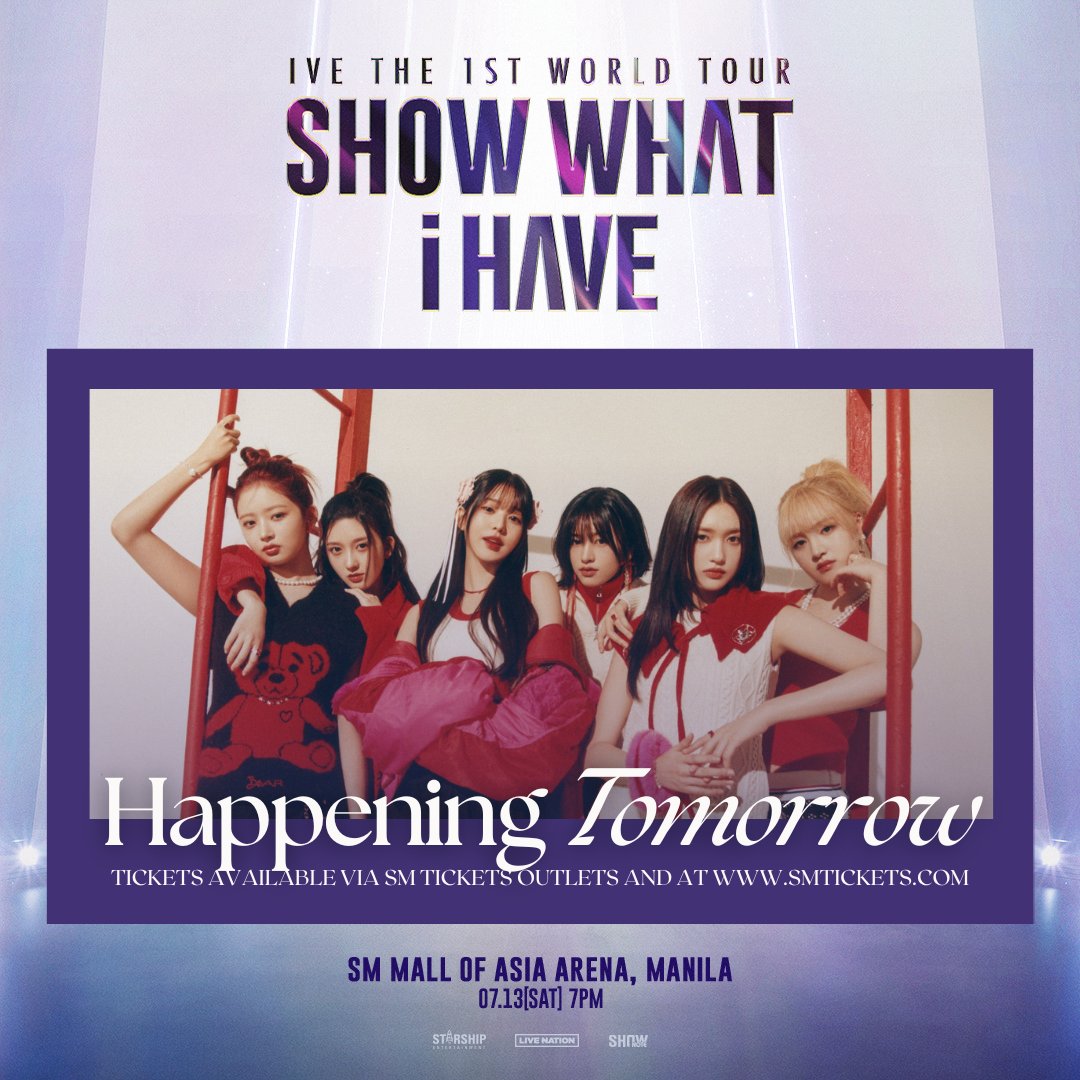 philconcerts's tweet photo. HEYA HEYA HEYA! Tomorrow is IVE THE 1ST WORLD TOUR <SHOW WHAT I HAVE> IN MANILA!

Welcome Yujin, Gaeul, Rei, Wonyoung, Liz, and Leeseo to the MOA Arena on July 13 with your loudest cheers! #SHOW_WHAT_I_HAVE_IN_MNL tickets available via SM Tickets 🫶

@livenationph https://t.co/Wez1om5xim