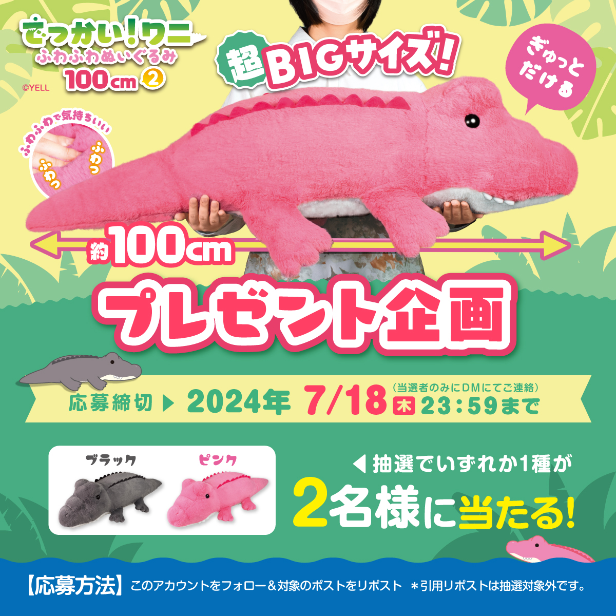 yell_prize's tweet photo. 🐊7月プレゼント企画🐊
『でっかい！ワニ ふわふわぬいぐるみ100cm 2』全４種のうち、新登場のピンクかブラックを抽選で【2名様】にプレゼント！🎁🩷🖤

☑応募方法
① @yell_prize をフォロー
②このポストをリポスト(7月18日23:59迄)
※引用リポストは抽選対象外です https://t.co/hZd0lv5kvb