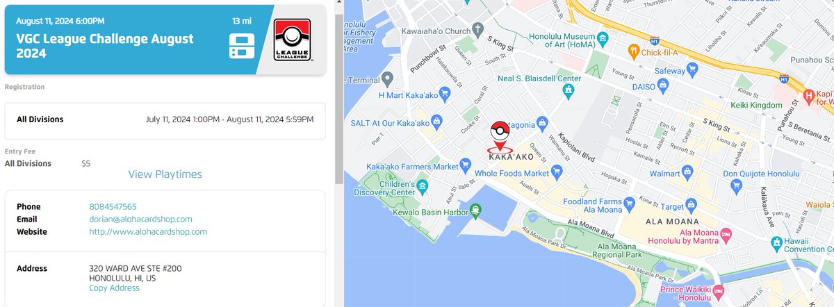 OcramVGC's tweet photo. Hello! I would like to cordially invite all VGC players attending worlds to come play with our community here in Hawaii. The event is on Sunday, August 11 at 6pm at Aloha Card Shop, the venue is 10 min driving and 16 minutes away on the bus from the convention center. Make sure to tell your friends if you're not able to make it! 😁