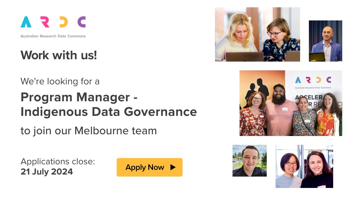 ARDC_AU's tweet photo. #jobalert We're seeking a Program Manager - Indigenous Data Governance (#Indigenous Identified position)
Join our team in Melbourne. Applications close 21 July
Apply now > https://t.co/jB50JbOs3f
#jobopportunity #melbourne #IDgov #IndigenousData #ProgramManager https://t.co/HJHm3BHJXB