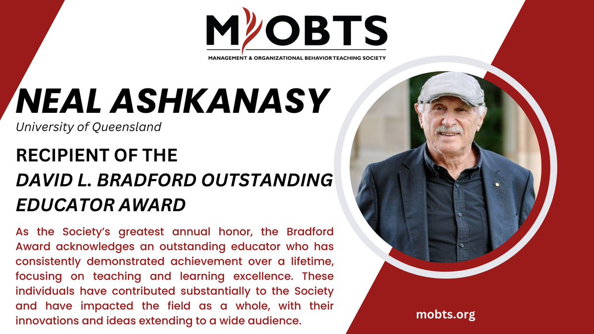 MOBTS (@obts1) on Twitter photo Congratulations to Neal Ashkanasy (<a href="/NealAshkanasy/">Neal Ashkanasy</a>) for winning the prestigious David L. Bradford Outstanding Educator Award!
The Bradford is the Society's greatest honor, acknowledging an individual who has demonstrated a lifetime of focusing on teaching and learning excellence. Congratulations to Neal Ashkanasy (<a href="/NealAshkanasy/">Neal Ashkanasy</a>) for winning the prestigious David L. Bradford Outstanding Educator Award!
The Bradford is the Society's greatest honor, acknowledging an individual who has demonstrated a lifetime of focusing on teaching and learning excellence.