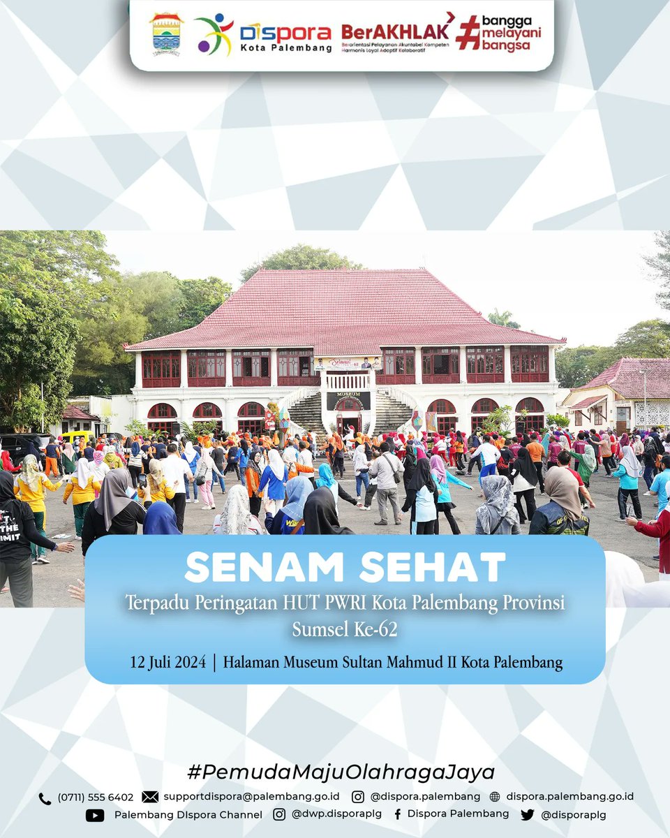 disporaplg's tweet photo. Senam Sehat Terpadu Peringatan HUT PWRI Kota Palembang Provinsi Sumatera Selatan Ke-62

12 Juli 2024 | Halaman Museum SMB II Kota Palembang

#DisporaKotaPalembang
#PemudaMajuOlahragaJaya https://t.co/96sdgTQ5xi