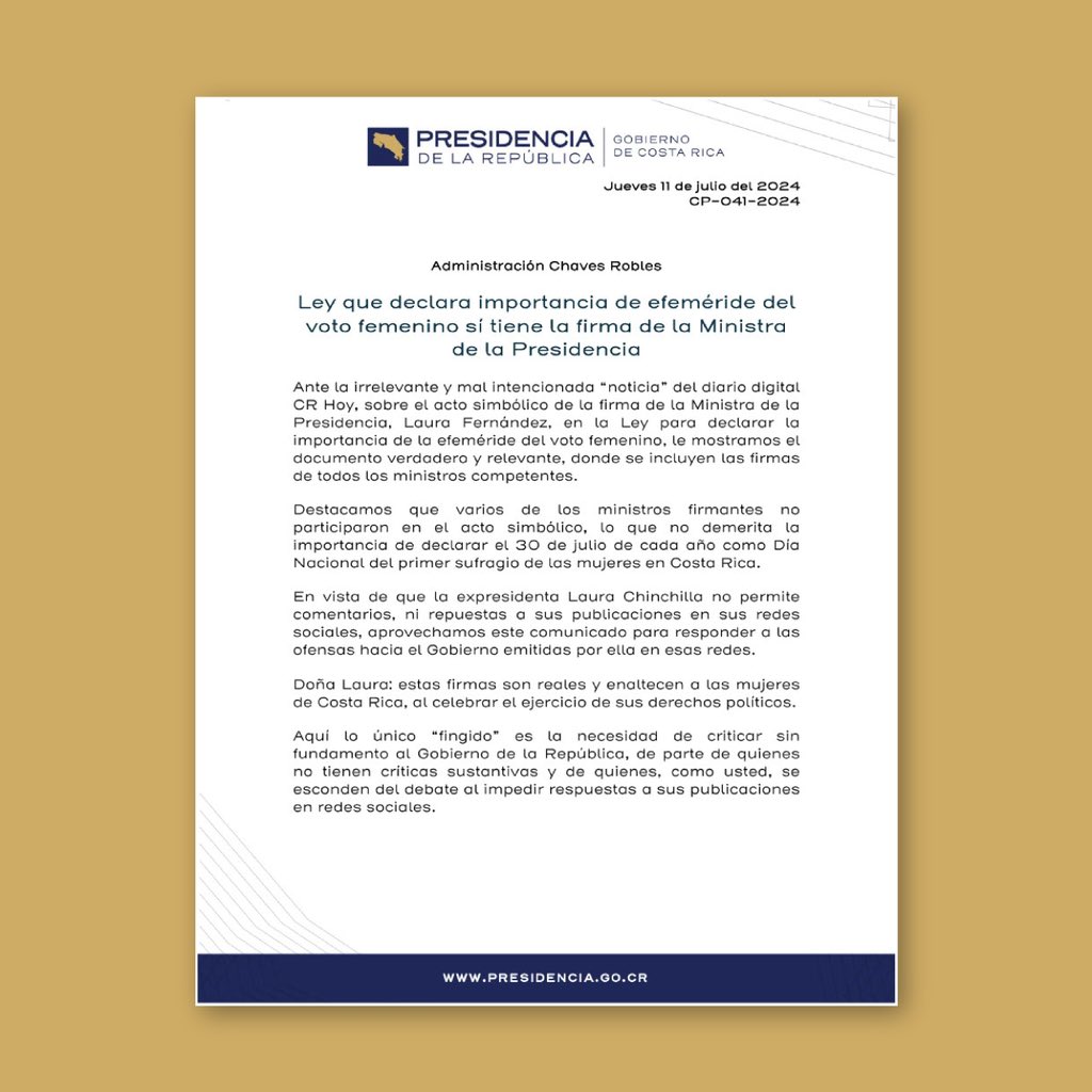 presidenciacr's tweet image. Ante la falsa noticia de CR Hoy sobre la firma simbólica de la Ministra de la Presidencia, Laura Fernández, en la Ley de la efeméride del voto femenino, aquí está el documento verdadero con las firmas de todos los ministros competentes.

@Laura_Ch