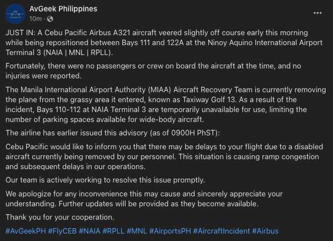 avgeekph's tweet photo. #AvGeekPH #FlyCEB #NAIA #RPLL #MNL #AirportsPH #AircraftIncident #Airbus https://t.co/g67NsmyQay