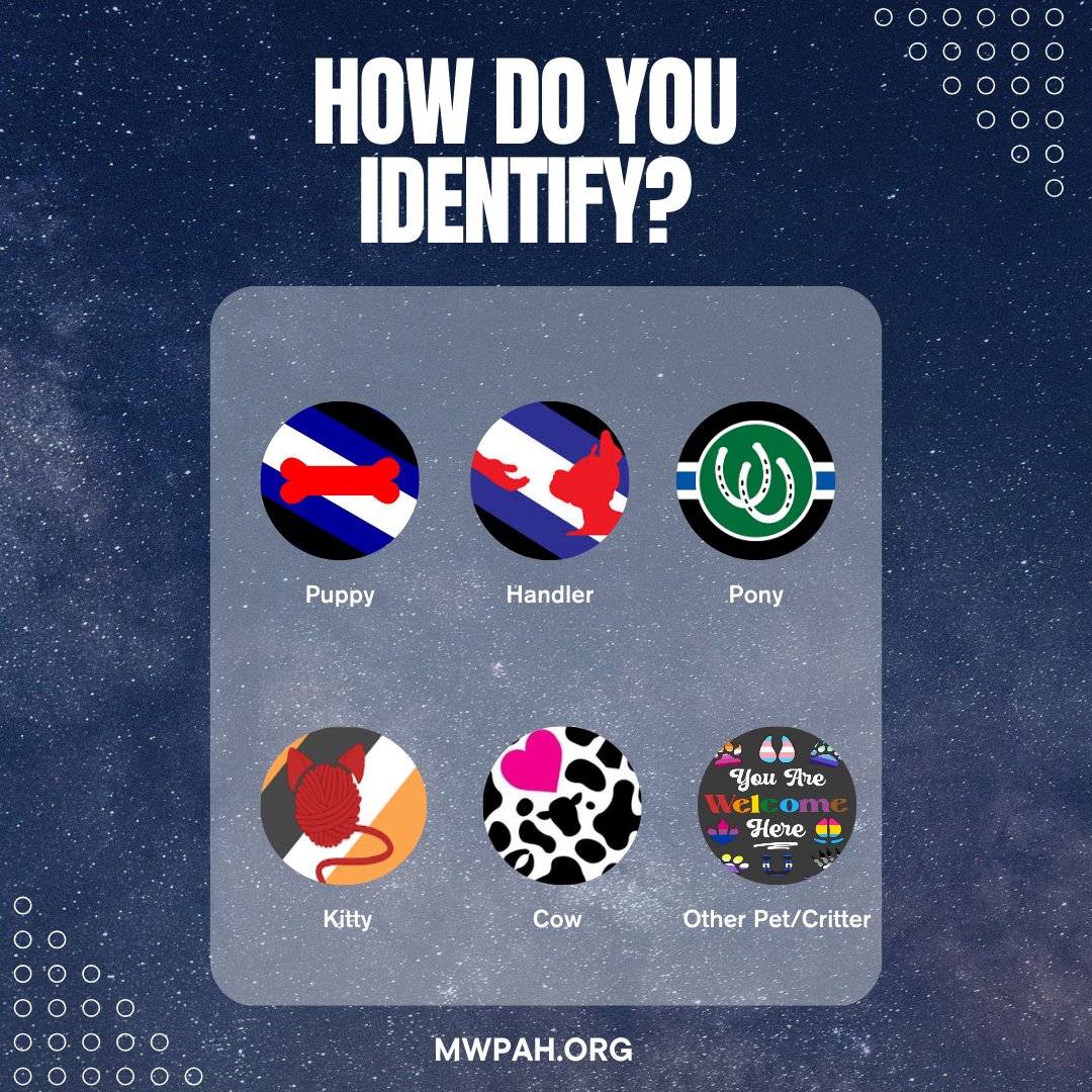 At MWPAH it is important that we not only include but promote all different identities under the human/animal roleplay umbrella. To help us do this, we would love for you all to share how you identify.

Did we miss your flag? Please share a photo of it for us to share!