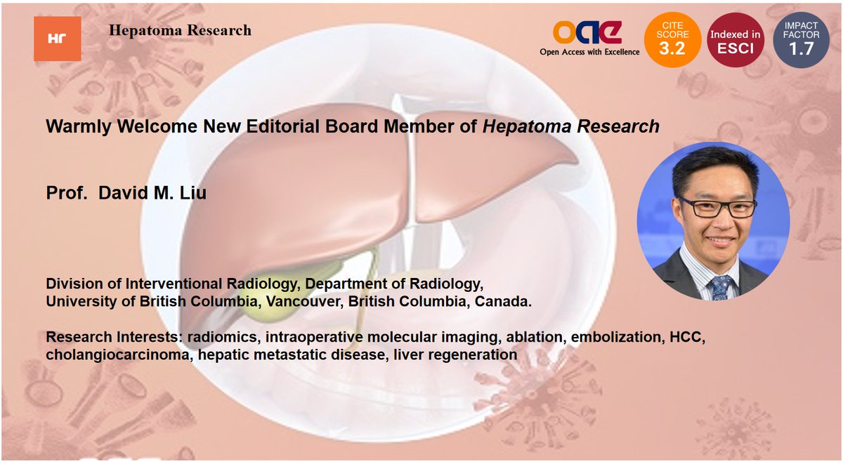 emilia_ruan's tweet photo. #HCC #LiverCancer #InterventionalOncology #MultidisciplinaryApproach #Radiology
💐Please join us in warmly welcoming our new Editorial Board Member Prof. David M. Liu!
@Warren_IR @DrKaloo @AndreaDav89 @PulkitRangarh @thedocarsalan @Valeriechew29 @RobertGish @ElenaPanettier1 https://t.co/oZwHgCXGfL