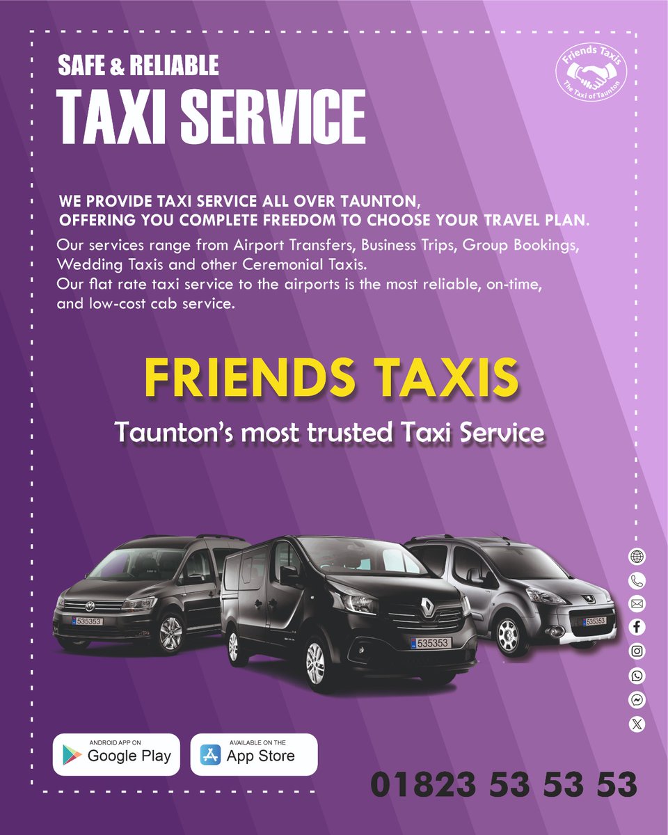 FriendsTaxis's tweet image. Friends Taxis - Taunton's Most Trusted Taxi Service

#friendstaxis #tauntontaxi #taunton #tauntontaxiservices #TauntonTravel
#VisitTaunton #TauntonTransit #tauntonsomerset #tauntontaxicab #DiscoverTaunton #TauntonPrivateHire #TauntonCityCab #tauntonlocal #taxi #cab #taxiservice
