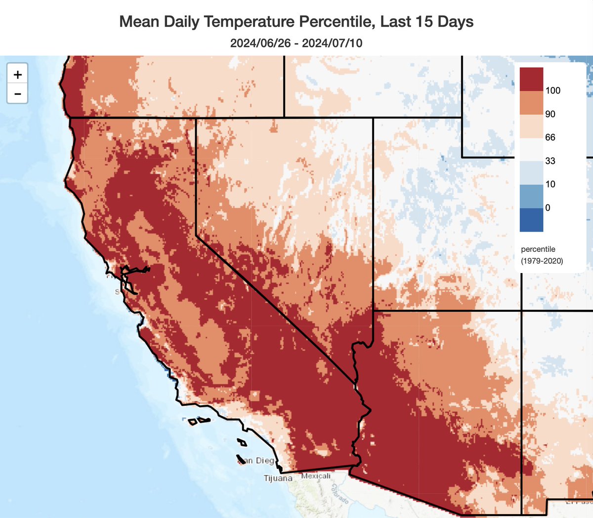 Weather_West's tweet photo. The prolonged &amp; intense Western U.S. heatwave continues. Last 2 weeks are now warmest late June through early July period on record across most of California (including some coastal areas), much of Arizona, parts of Nevada, and western Oregon. #CAwx #AZwx #NVwx #ORwx [1/2] https://t.co/yh90MzBkvM