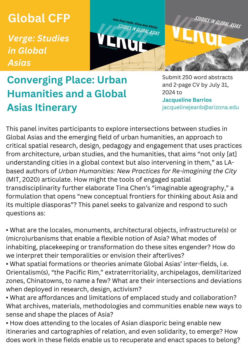 Verge: Global Asias (@vergega) on Twitter photo Attention: Verge sponsored panels for the AAS 2025 Conference are seeking papers. Interested parties please see attached or go to: bit.ly/3LlpepC
Submission Deadline: July 31, 2024
<a href="/FanfanYang/">Fan Yang 杨帆</a> <a href="/AASAsianStudies/">Association for Asian Studies</a> Attention: Verge sponsored panels for the AAS 2025 Conference are seeking papers. Interested parties please see attached or go to: bit.ly/3LlpepC
Submission Deadline: July 31, 2024
<a href="/FanfanYang/">Fan Yang 杨帆</a> <a href="/AASAsianStudies/">Association for Asian Studies</a>