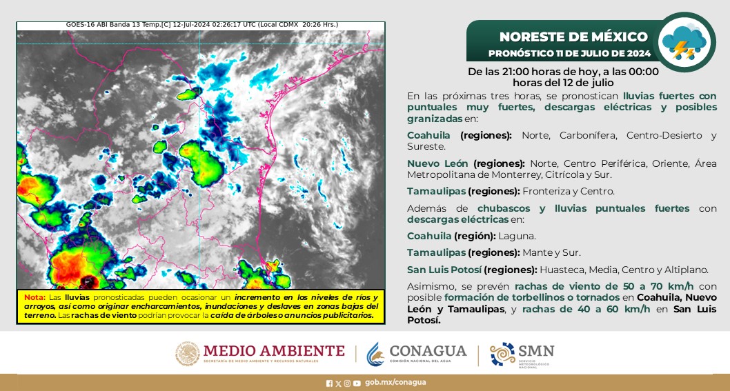 conagua_clima's tweet photo. Para la noche de hoy se prevén #Lluvias de fuertes a muy fuertes, #DescargasEléctricas y posible #Granizo en regiones de #Coahuila, #NuevoLeón y #Tamaulipas, #Chubascos y lluvias fuertes en #SanLuisPotosí, así como #Viento con #Rachas de 50 a 70 km/h en el noreste de #México https://t.co/60PLqDuznE