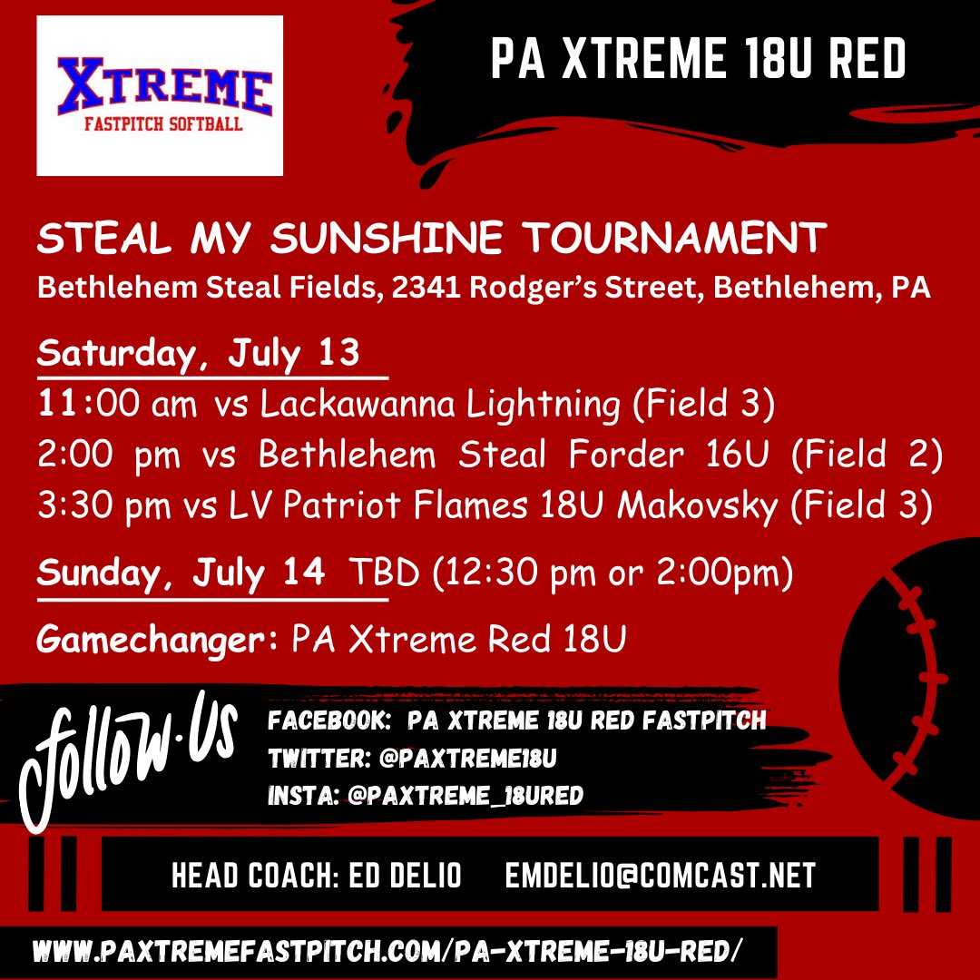 See ya in Bethlehem!
<a href="/PAXtreme18U/">PA Xtreme 18U Red</a> <a href="/GburgSoftball1/">GburgSoftball</a>  <a href="/SwatSoftball_/">Swarthmore Softball</a> <a href="/mulesoftball/">Muhlenberg Softball</a> <a href="/FandMSoftball/">F&M Softball</a> <a href="/ShipSoftball/">SHIP Softball</a>  <a href="/washcollsb/">WAC Softball</a> <a href="/HuskiesSB/">Bloomsburg Softball</a> <a href="/UrsinusSball/">Ursinus Softball</a> <a href="/MaxPreps/">MaxPreps</a> <a href="/PaPrepLive/">PA Prep Live</a> <a href="/CoastRecruitsSB/">Coast Recruits 🥎</a> <a href="/SoftballClips/">Softball Clips</a> <a href="/LegacyLegendsS1/">Legacy & Legends Softball</a> <a href="/CatholicU_SB/">Catholic University Softball</a> <a href="/CoachRoark01/">Mike Roark</a>