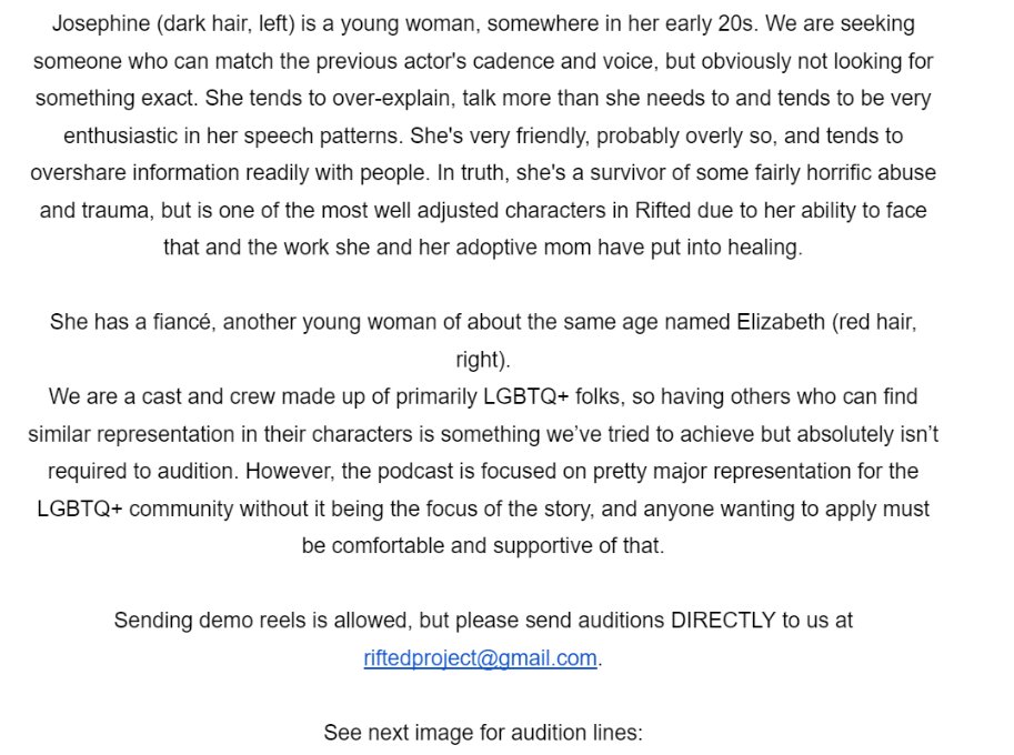 Riftedpodcast's tweet image. Casting Call!

This is a paid role. Unfortunately, due to some really major health issues, one of our cast had to step down. We are seeking to find someone who can take over her role! 

PLEASE READ THE FOLLOWING IMAGES CLEARLY FOR MORE INFO.  #castingcall #opencastingcall