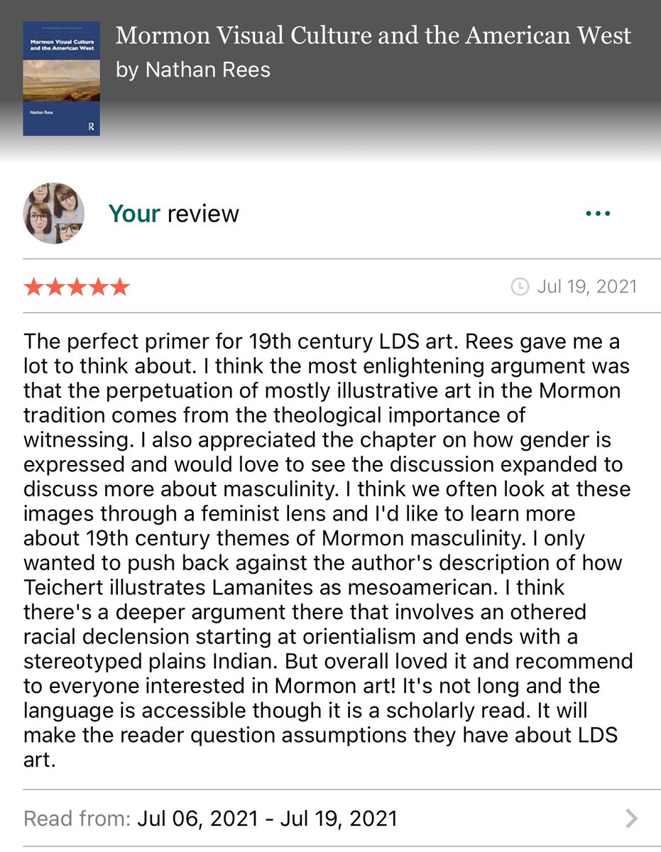 Just had someone like an old Goodreads review of a book I read on Mormon Art. And reposting again here because yeah it was a good book