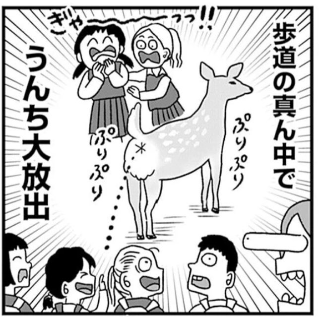 【最新話がでました🦌】『出戻りて、奈良。〜中年娘のシカ県民やりなおし日記〜』10話更新しました。他府県から奈良に来てくれる修学旅行生について描きました。お昼時にこのコマですいません↓🦌∴第10話「密着!奈良の修学旅行」https://t.co/nryiYJfYey 