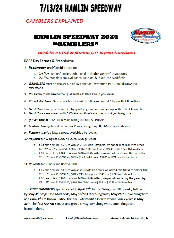 HamlinSpeed's tweet image. 7/13/24 Hamlin Speedway Schedule - Junior Slingshot Special "Gamblers" with All Divisions Racing! 🏁