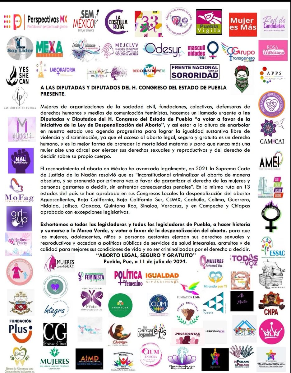 chuyitaa25's tweet photo. 💚 Colectivas, OSC y Fundaciones decimos Sí a la #DespenalizacionDelAborto en #Puebla.
✅#AgendaProgresista
✅#IgualdadSustantiva
✅#VidaLibreDeViolencia
✅Decimos SÍ a los DerechosHumanos https://t.co/zuMXPm8fN5