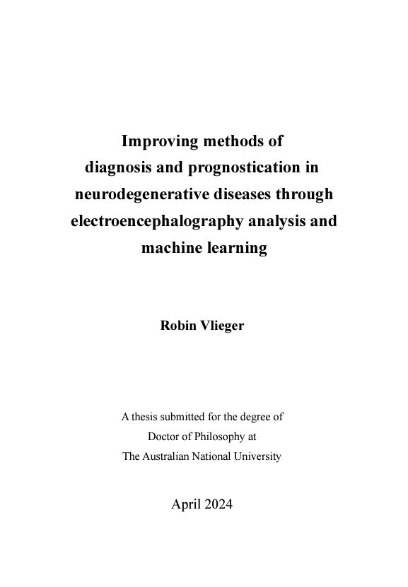 Professor Hanna Suominen (@hajasu) on Twitter photo Big day of celebrations; 4th out of 5 today: Dr Robin Vlieger (2024): Improving methods of diagnosis and prognostication in neurodegenerative diseases through electroencephalography analysis and #MachineLearning openresearch-repository.anu.edu.au/items/67d54bb2… <a href="/AnuOur/">OHIOH</a> <a href="/ANUComputing/">ANU School of Computing</a> @anucecc Big day of celebrations; 4th out of 5 today: Dr Robin Vlieger (2024): Improving methods of diagnosis and prognostication in neurodegenerative diseases through electroencephalography analysis and #MachineLearning openresearch-repository.anu.edu.au/items/67d54bb2… <a href="/AnuOur/">OHIOH</a> <a href="/ANUComputing/">ANU School of Computing</a> @anucecc