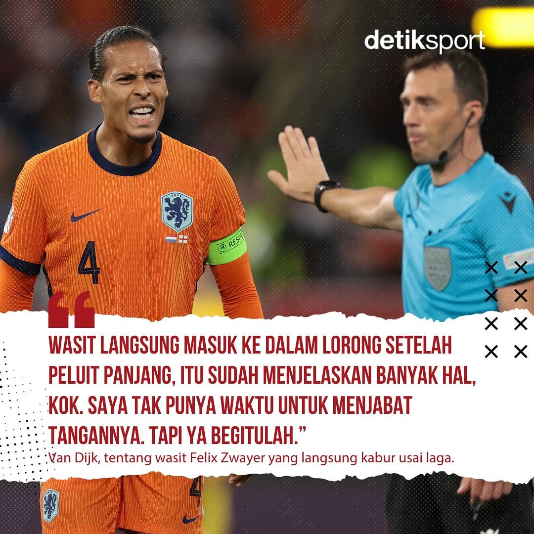 𝐕𝐀𝐍 𝐃𝐈𝐉𝐊 𝐒𝐄𝐑𝐀𝐍𝐆 𝐖𝐀𝐒𝐈𝐓 𝐅𝐄𝐋𝐈𝐗 𝐙𝐖𝐀𝐘𝐄𝐑 😳

Kapten Timnas Belanda langsung menyerang Felix Zwayer usai laga Belanda vs Inggris di semifinal Piala Eropa 2024, dirinya menyindir sang wasit yang langsung kabur usai laga 😱

#JuaraBolaEropa #EURO2024