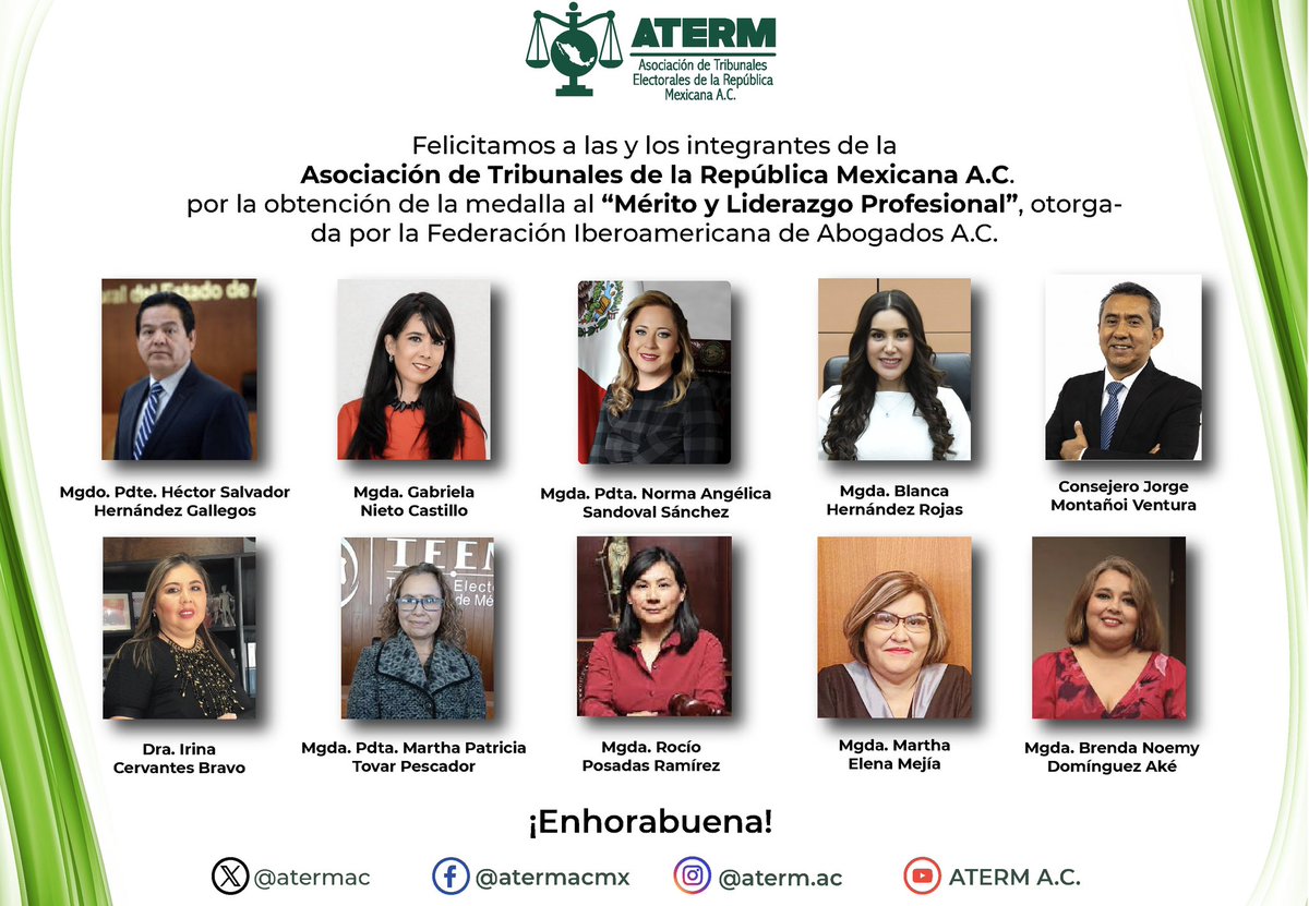 Felicitamos a las y los integrantes de la #ATERM por la obtención de la medalla al “Mérito y Liderazgo Profesional” #FIA 

<a href="/NormAngelik/">Norma Angélica Sandoval   NA 🇲🇽</a>
<a href="/BlancaHdzR/">Blanca Hernández Rojas</a> 
<a href="/Irinacervantes3/">Irinacervantes</a>
<a href="/GabrielaNietoSJ/">Gabriela Nieto</a>
<a href="/RocioPosadasra2/">Rocio Posadas ramirez</a>
<a href="/bdominguez73/">BRENDA DOMINGUEZ</a>
<a href="/PatriciaTovarP/">Martha Patricia Tovar</a>
<a href="/MarthaElenaMej2/">Martha Mejía</a>
<a href="/Montano_Ventura/">Jorge Montaño Ventura</a>
<a href="/HECTOR_TEEA/">Hector Salvador</a>