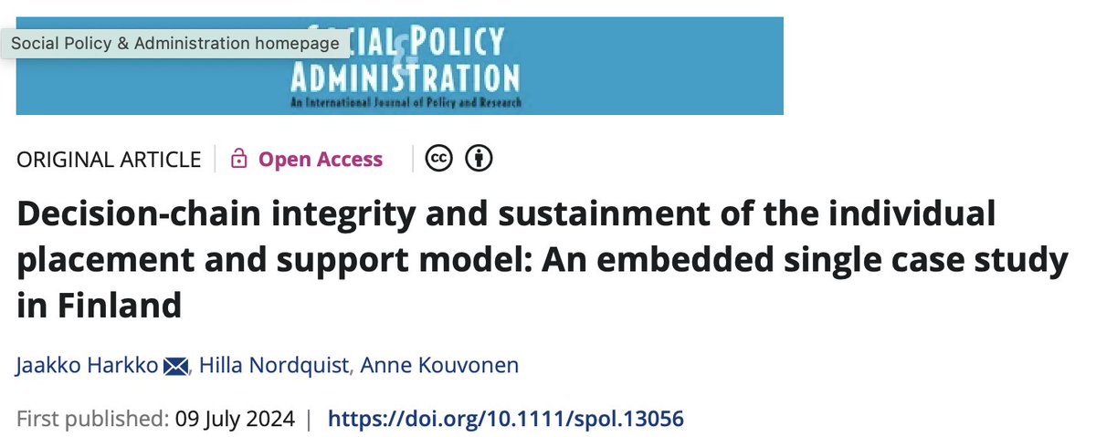 Uusi tutkimus ulkona! "Decision-Chain Integrity and Sustainment of the Individual Placement and Support Model." doi.org/10.1111/spol.1… tarkastelee strategisen suunnittelun, poliittisten ja hallinnollisten päätösten ja (1/4)