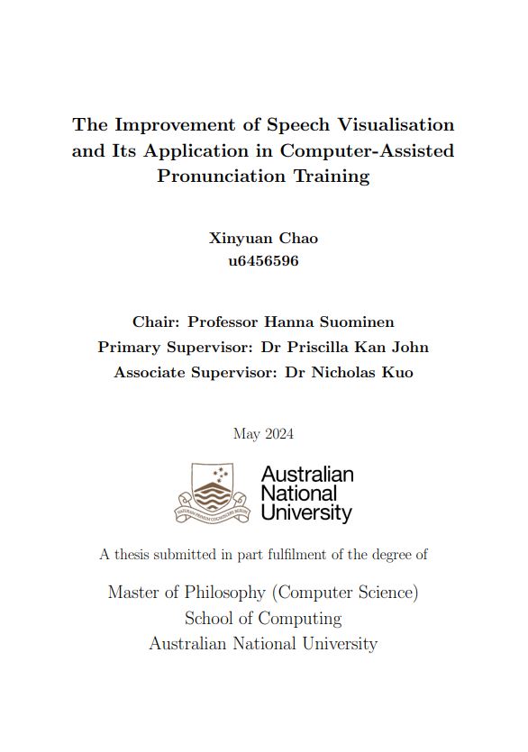 Professor Hanna Suominen (@hajasu) on Twitter photo Big day of celebrations is here; introducing the 5th out of 5 today: Mr Xinyuan Chao, MPhil (2024): The Improvement of Speech Visualisation and Its Application in Computer-Assisted Pronunciation Training openresearch-repository.anu.edu.au/items/dd0d40e7… #transdisciplinary <a href="/ANUComputing/">ANU School of Computing</a> @anucecc Big day of celebrations is here; introducing the 5th out of 5 today: Mr Xinyuan Chao, MPhil (2024): The Improvement of Speech Visualisation and Its Application in Computer-Assisted Pronunciation Training openresearch-repository.anu.edu.au/items/dd0d40e7… #transdisciplinary <a href="/ANUComputing/">ANU School of Computing</a> @anucecc