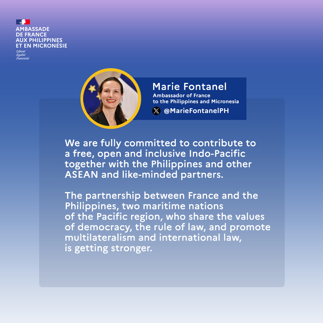 FrenchEmbassyPH's tweet photo. Today, we mark the 8th anniversary of the #SouthChinaSea Arbitral Award.

As an #IndoPacific nation, 🇫🇷 is fully committed to uphold freedom of navigation and overflight consistent with international law, particularly the #UNCLOS, together with 🇵🇭 and other like-minded partners. https://t.co/A9uAbvUk70