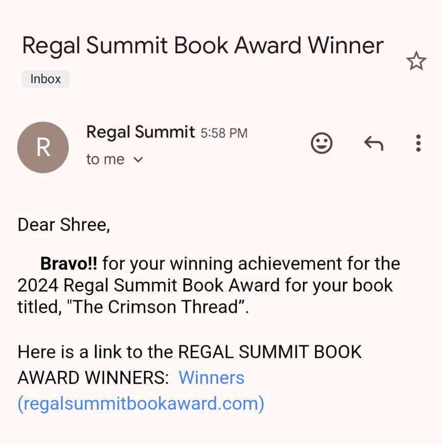 ShreeAuthor's tweet photo. In the midst of immense devastation and sufferings due to hurricane #Beryl, this news came to me like a fresh breeze. My book 'The Crimson Thread' won the #RegalSummit book #award in the #LiteraryFiction category. https://t.co/h6UNwDwxeB