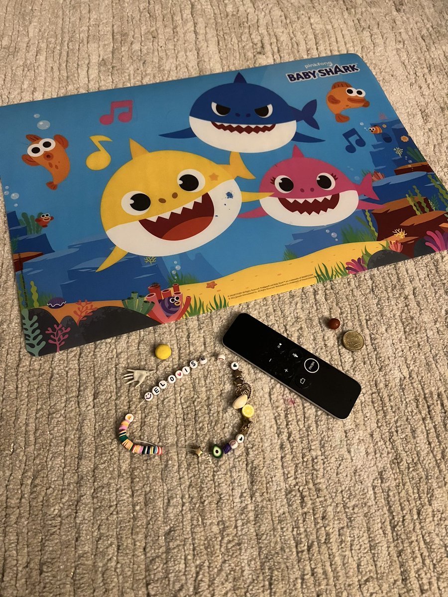 Things I found under my couch this week from my 4yo:
- yellow m&amp;m
- boston baked bean
- AppleTV remote (real reason I was looking)
- 10 euro cent
- a hand
- for those in the back that didn’t hear: A HAND
- her homemade necklace from the 4th of July party
- baby shark mat