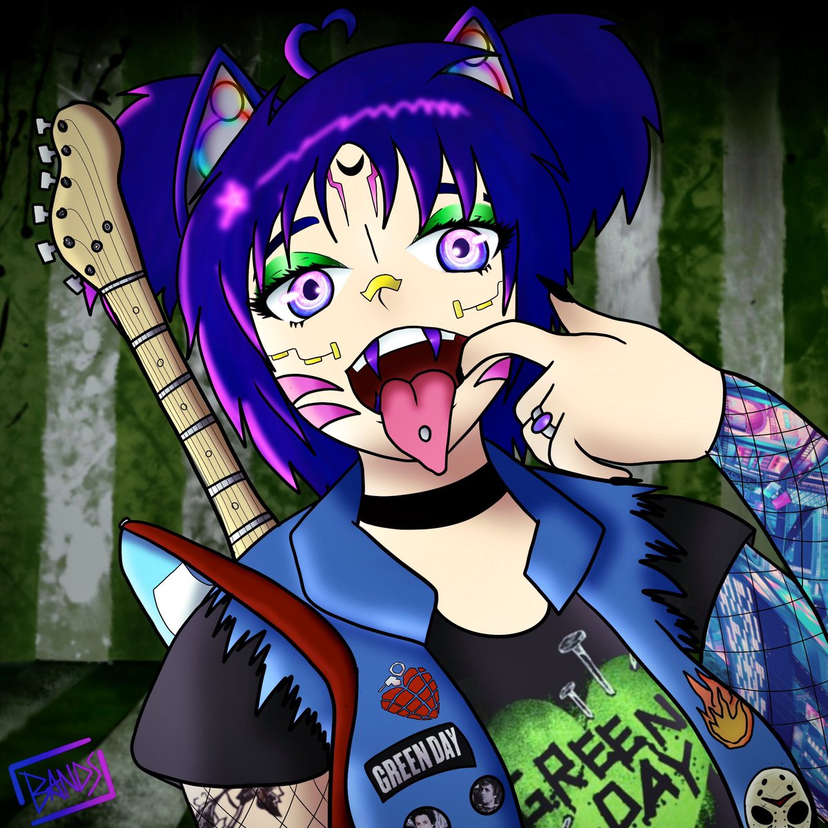 BandsMakeMeTTV's tweet photo. How many Green Day things do *you* spot on my new artwork?
I think I'm about to change some things up and go back to my roots. Be ready for some changes here soon 💞
#vtuber #musicVtuber #Cyberpunk #GreenDay #digitalart #newartwork https://t.co/HKCtJfiv6K