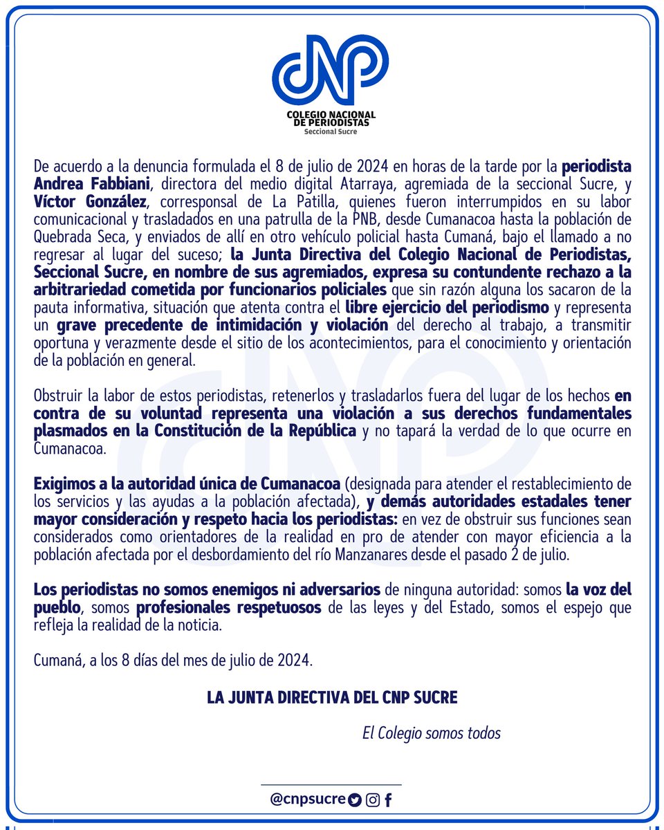 📃 COMUNICADO: RETENCIÓN ARBITRARIA DE PERIODISTAS, CENSURA Y OBSTRUCCIÓN DEL TRABAJO PERIODÍSTICO EN #CUMANACOA

👉 #CNPSucreInforma #Cumaná
#InformarNoEsDelito