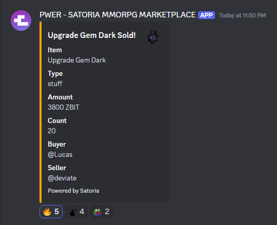 We just purchased 20 DARK GEMS for 3800 $ZBIT from the PWER Marketplace from <a href="/deviate24/">deviate</a> 😈😈😈

Each Dark Gem is being resold for an average of 200 $ZBIT - 100$ USD

The next 20 People to deposit 5000 $ZBIT in the <a href="/satoriammorpg/">SATORIA MMORPG</a> marketplace and send a screenshot here will receive